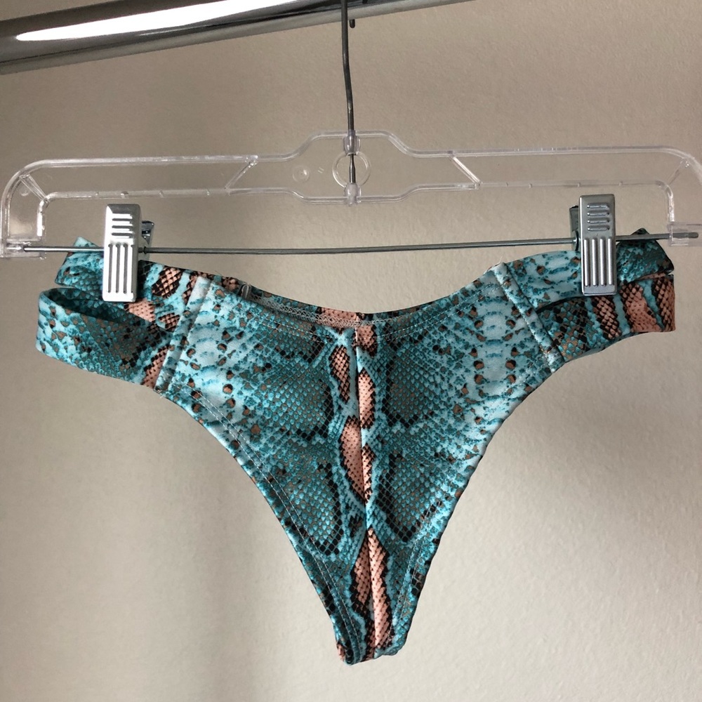 Custom Teal Snakeskin Print Thong Bikini Bottom - XS